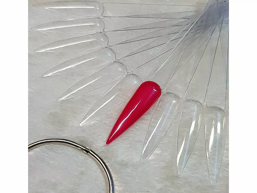 Vzorník na UV gel/ gel lak/ lak, CLEAR - tvar stiletto, 2 vějíře