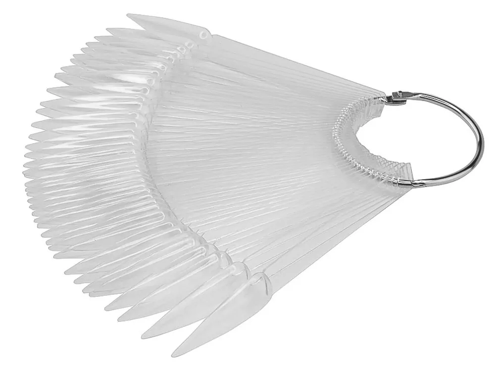 Vzorník na UV gel/ gel lak/ lak, CLEAR - tvar stiletto, 2 vějíře