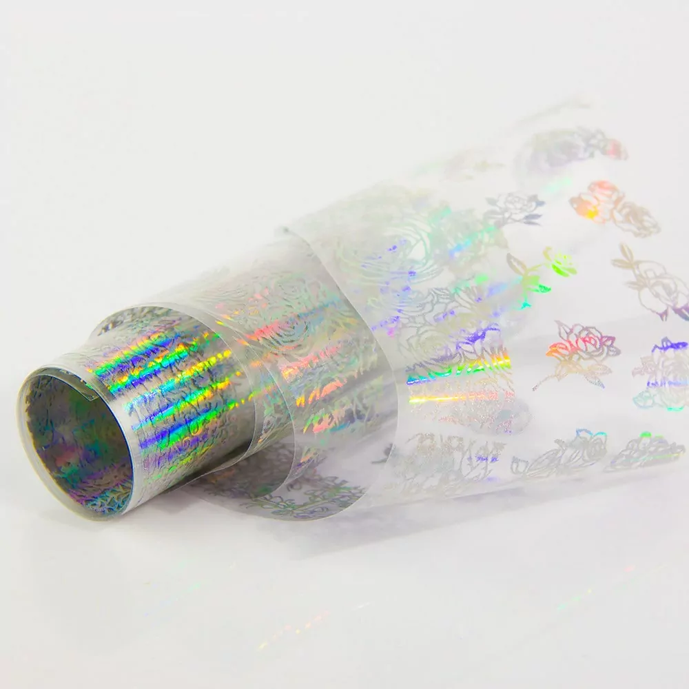Zdobicí fólie na nehty - Holographic Silver Roses, 100cm